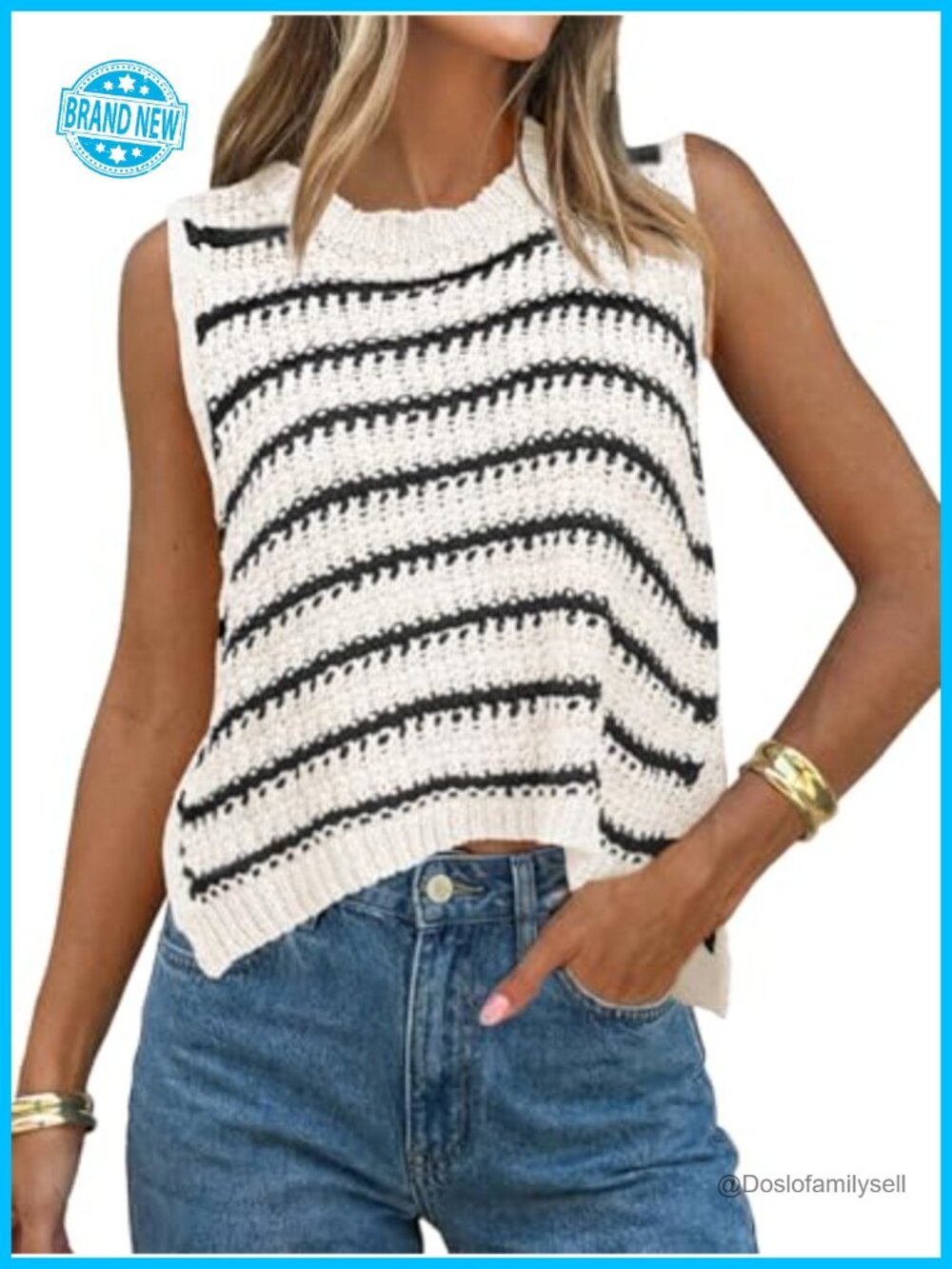 Sleeveless Striped Sweater Vest Summer Tank Top Ribbed Side Split